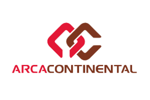 Un logotipo rojo y marrón para Arcacontinental sobre un fondo blanco.