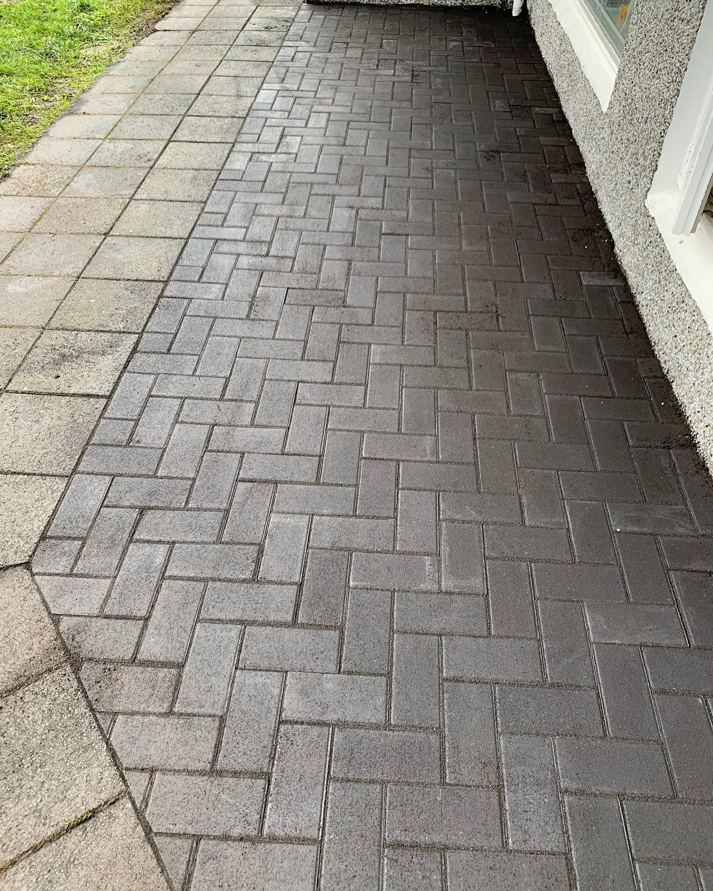 Síldarbeinssteinshellur, að hluta til hreinsaður, við hliðina á ljósri byggingu.