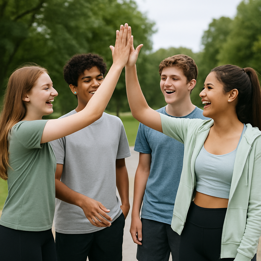 Vier mensen buiten geven elkaar glimlachend een high five.