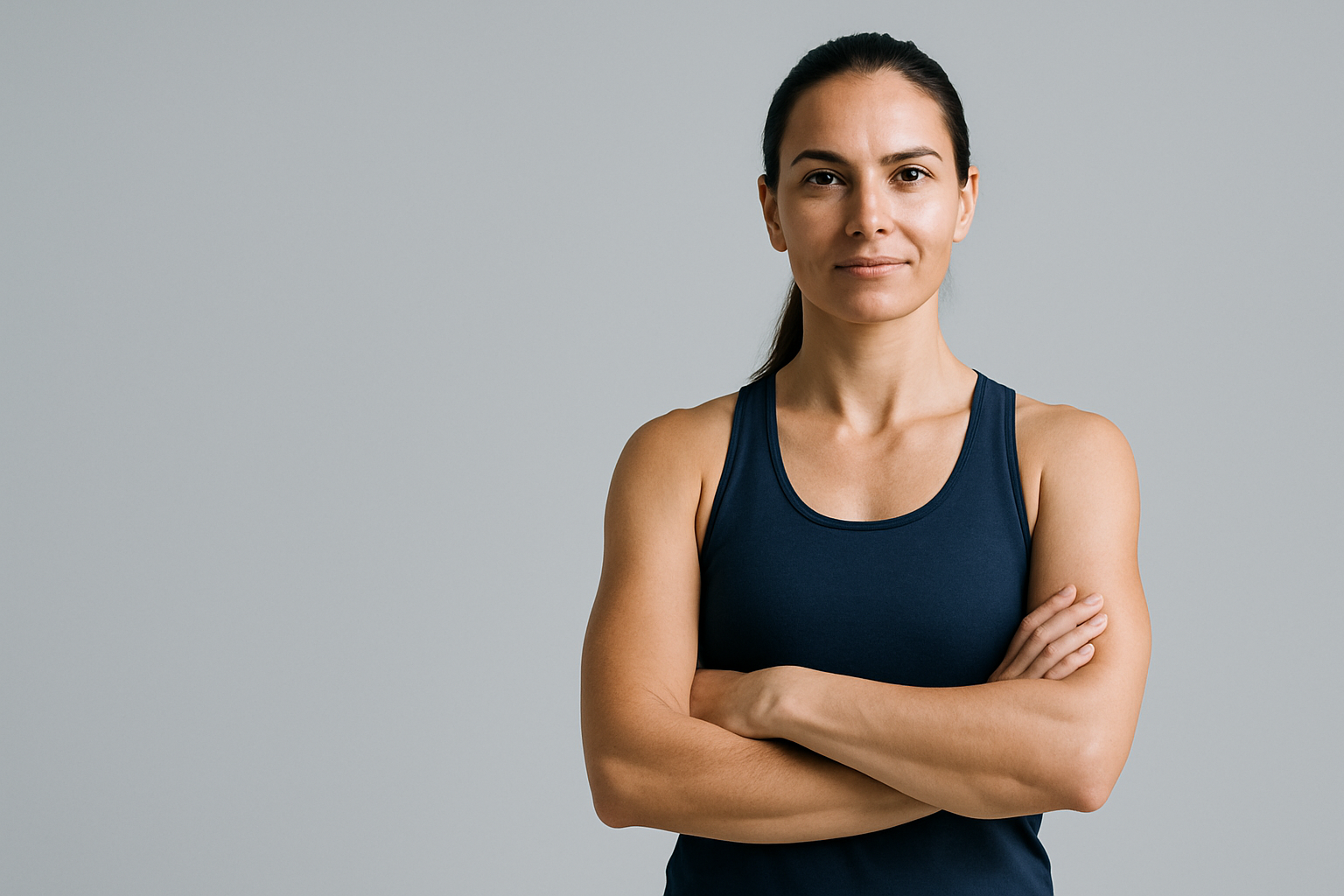 Vrouw in blauw tanktopje, armen over elkaar, lachend.