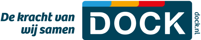 Logo voor DOCK, donkerblauw kader met