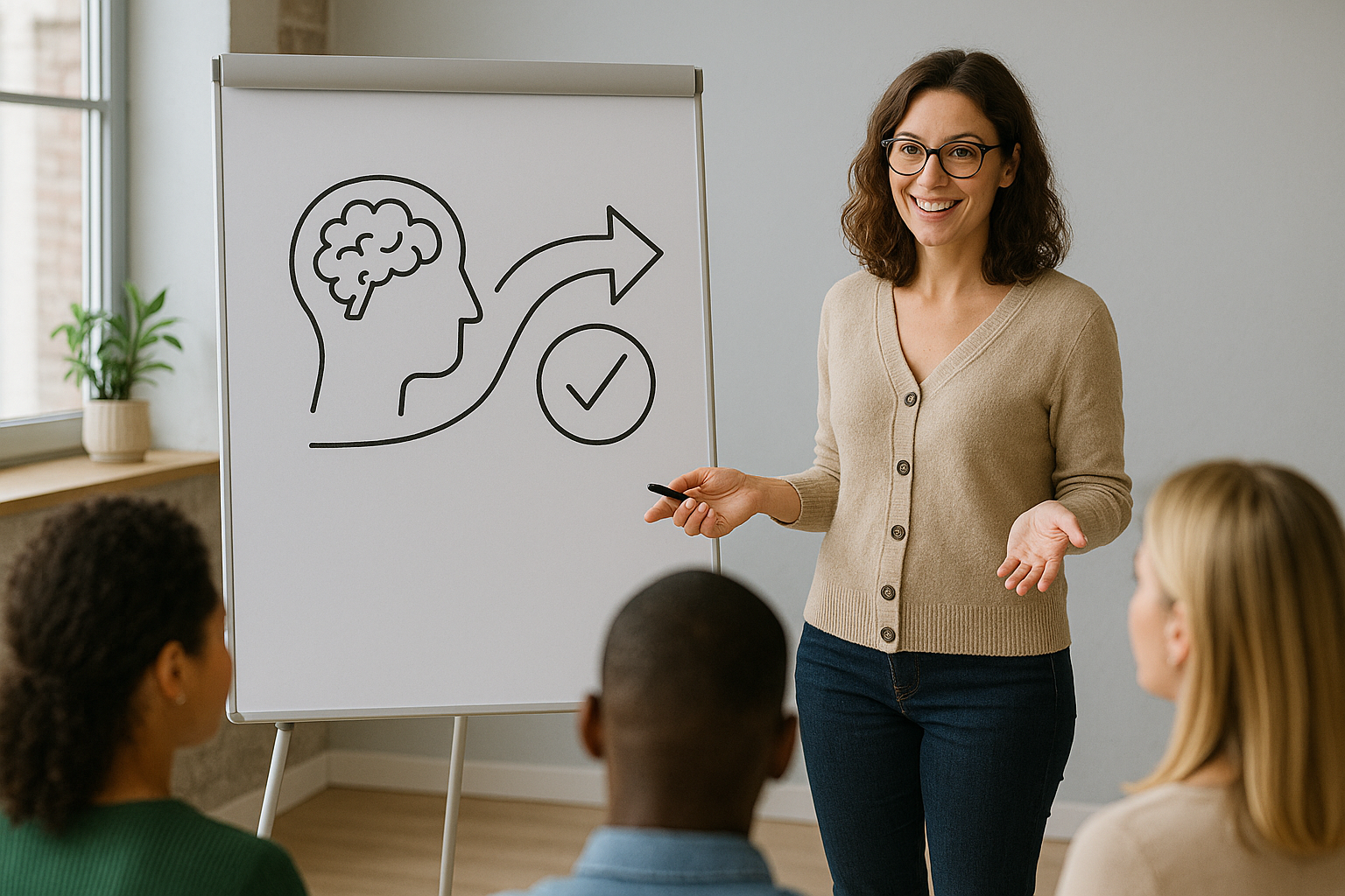 Een vrouw geeft een presentatie aan een kleine groep. Ze gebruikt een whiteboard met daarop een brein, een pijl en een vinkje.