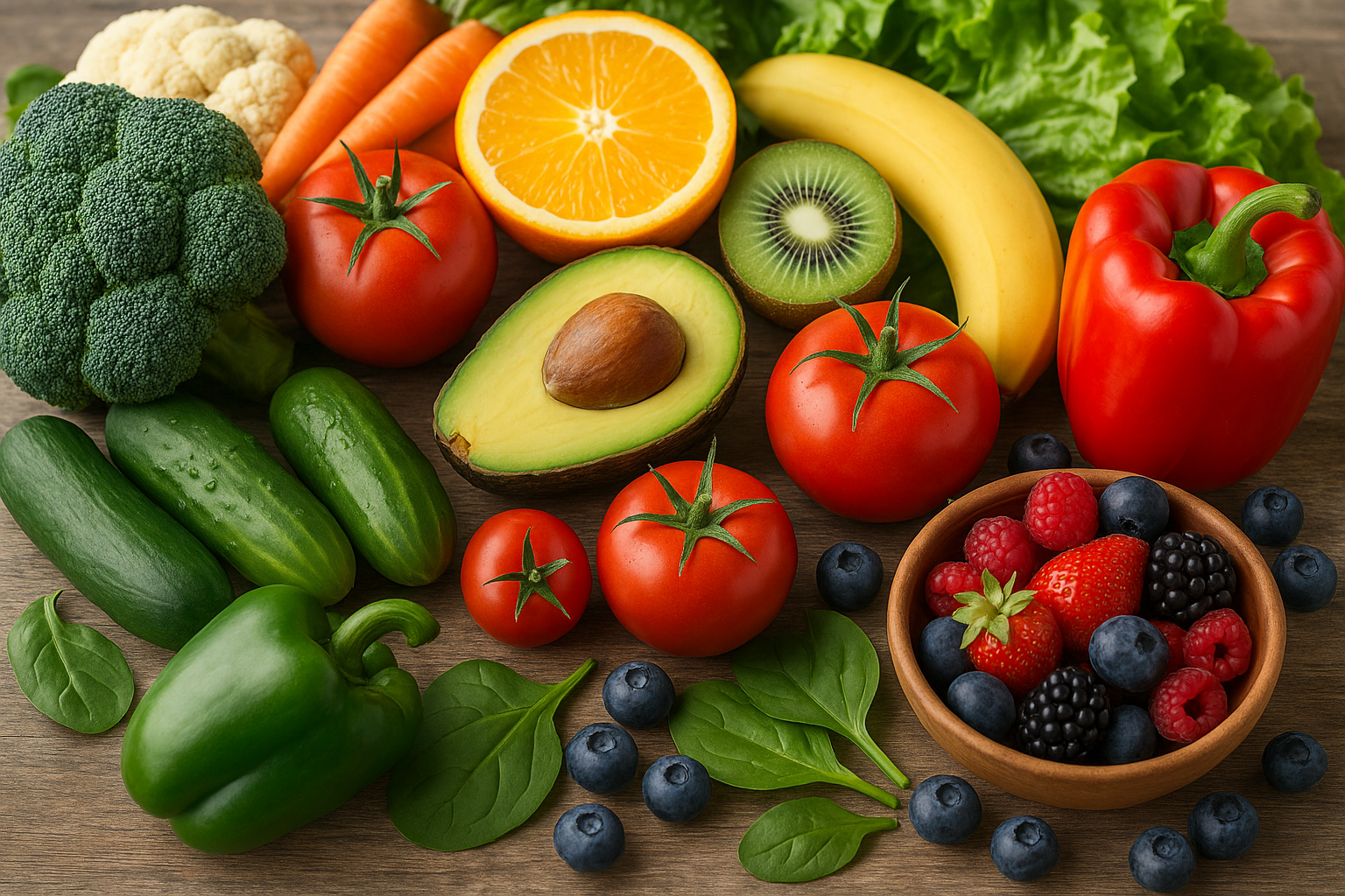 Verschillende soorten vers fruit en groenten, waaronder tomaten, bessen en broccoli, liggen op een oppervlak.