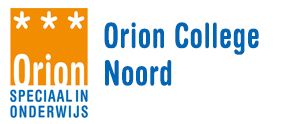 Logo voor Orion College Noord, een onderwijsinstelling, met een oranje vierkant met sterren en het woord