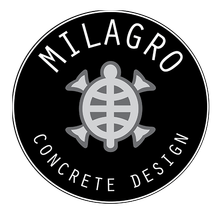 The logo for milagros concrete design has a turtle on it.