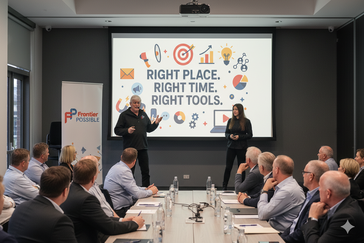Two presenters at a seminar discussing “Right Place, Right Time, Right Tools” in a conference room.