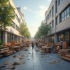 Street with furniture scattered everywhere, people moving about, between buildings.