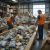 Workers in orange vests sorting through recycling at a warehouse.