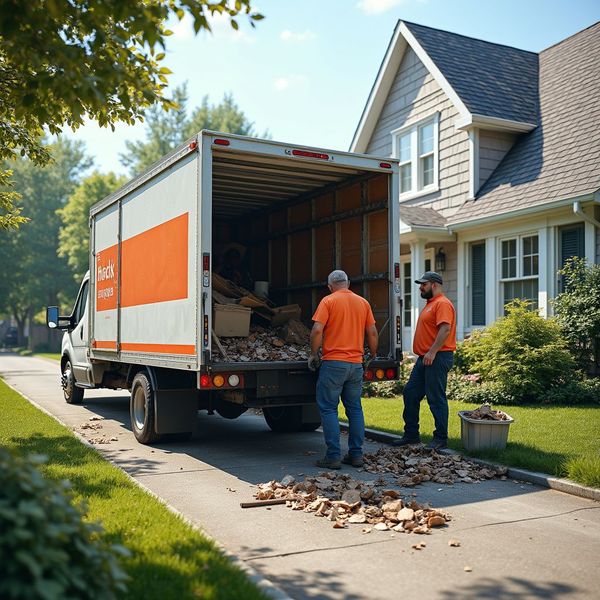 Two men in orange shirts loading debris into a moving truck parked in front of a house.