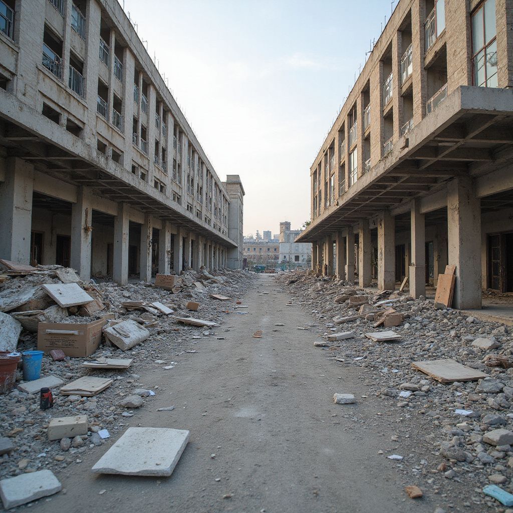 Buildings flank a debris-strewn street. Gray concrete and rubble fill the space between.