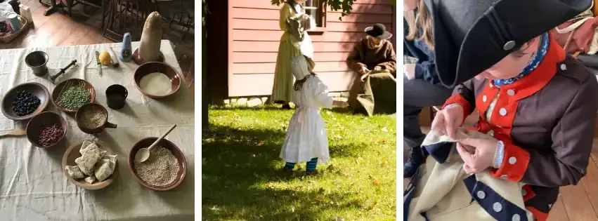 A triptych showing a table with wooden bowls of food, people in historical clothing outdoors, and a soldier sewing fabric.