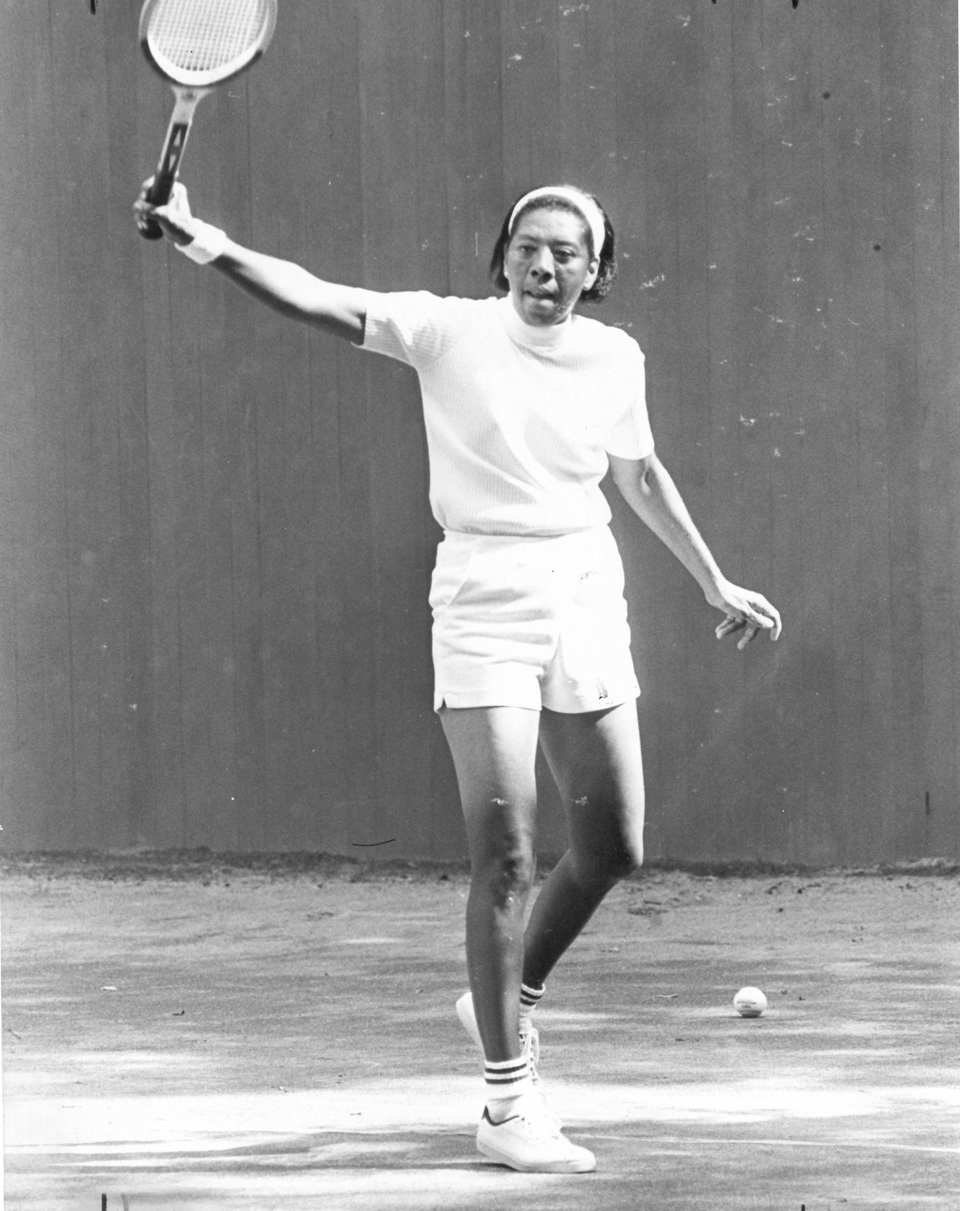 Althea Gibson playing tennis at Morven, 1974. Photograph by Greg Gendall. Morven Archive.