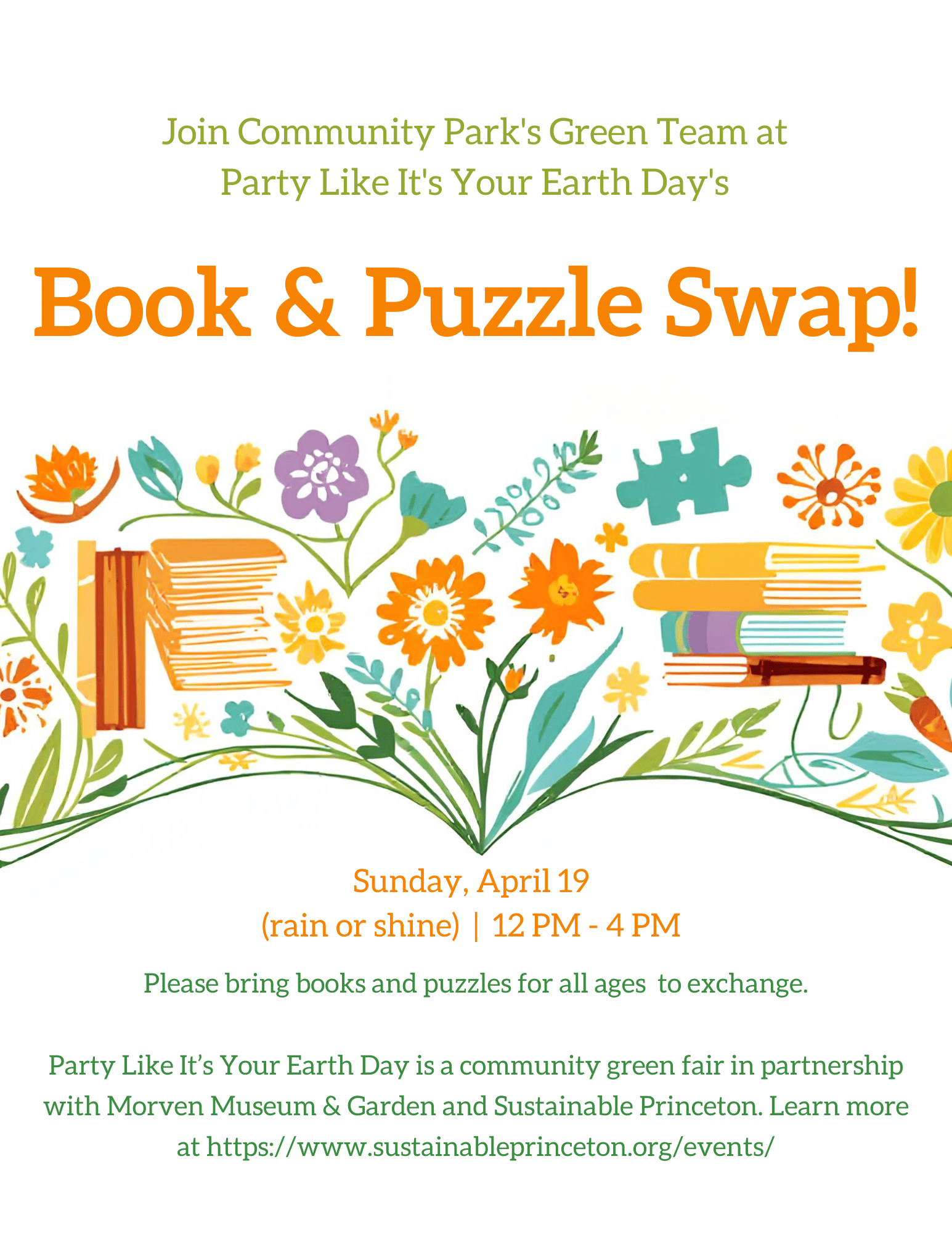 Event flyer for a Book & Puzzle Swap on Sunday, April 19, 12 PM–4 PM, hosted by Community Park’s Green Team.