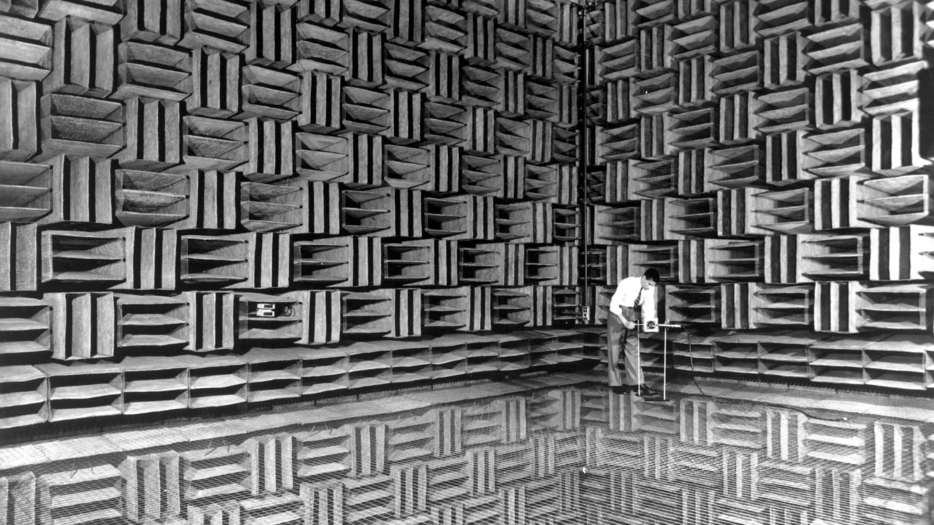 Man standing in anechoic chamber with sound-absorbing foam covering the walls, floor, and ceiling.