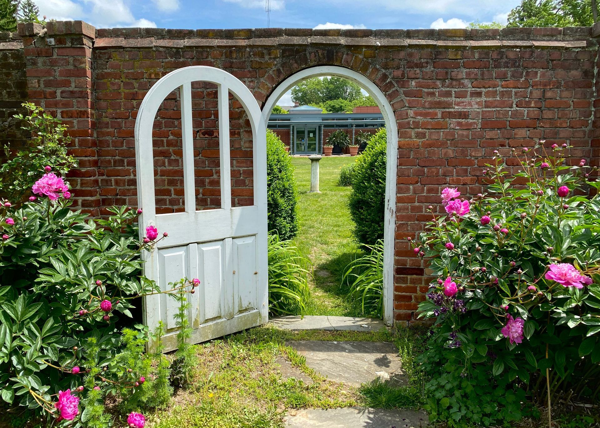 White garden gate in brick wall opening to a lush garden with pink flowers on both sides