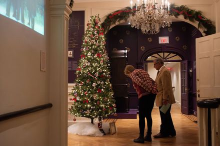 People viewing a Christmas tree in a decorated museum. A video screen and a chandelier are in the room.