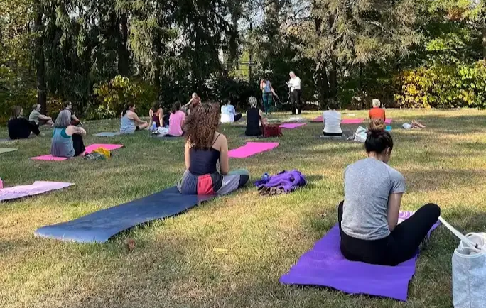 People doing yoga on mats in a sunny park with tall trees.