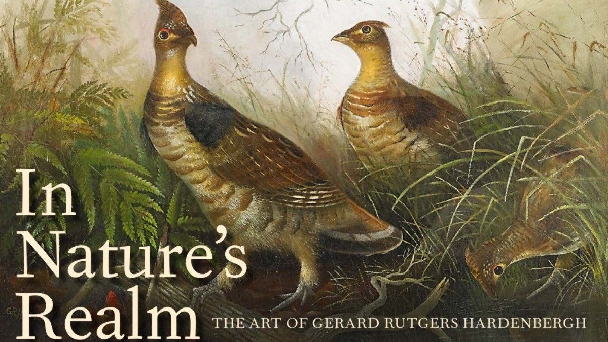 Painting of two grouse in a forest setting; brown and tan plumage, green foliage, text "In Nature's Realm."