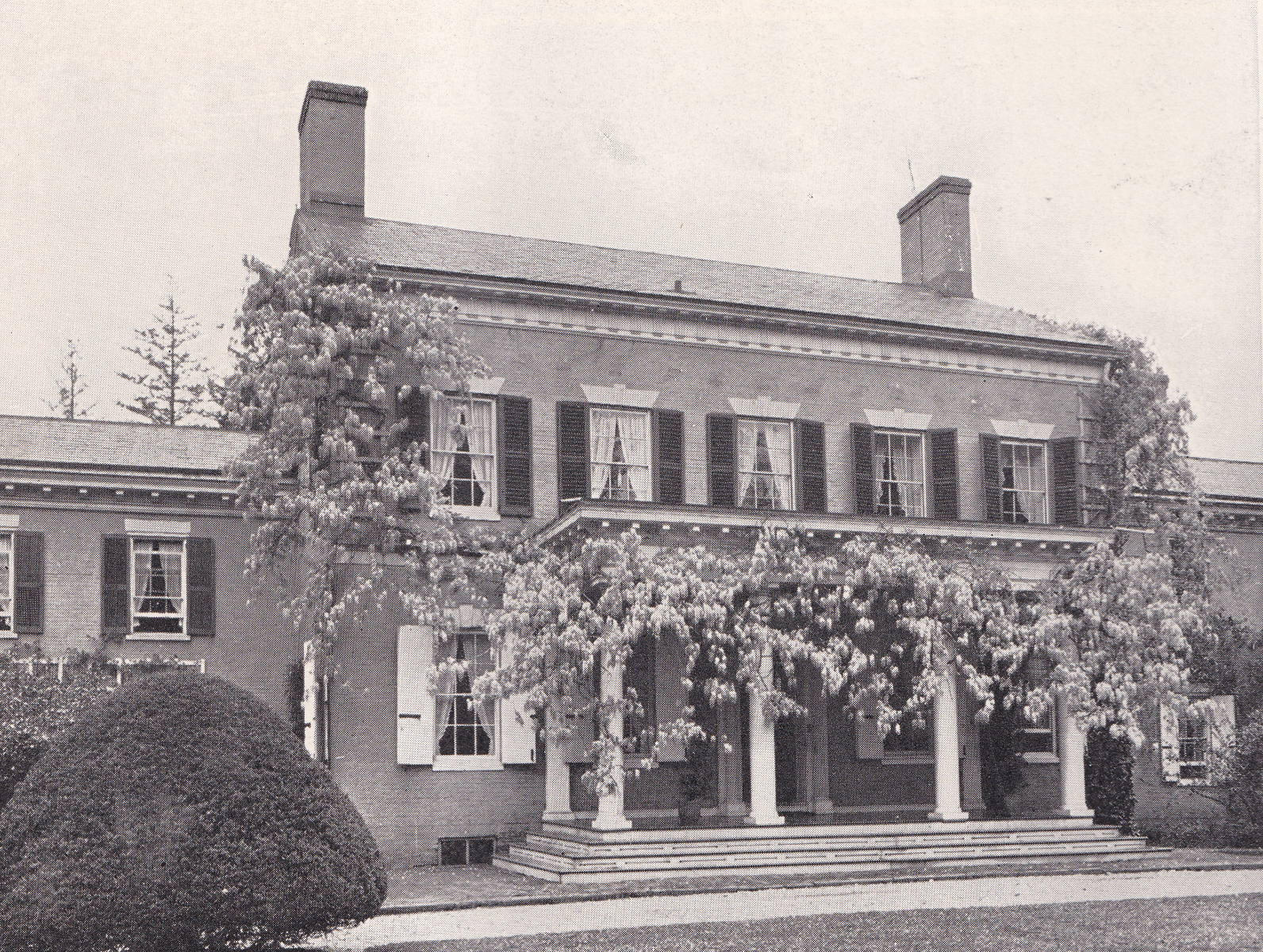 Front view of Morven with wisteria, July 1927. Published in The House Beautiful, Vol. LXII, No. I. Morven Archive.