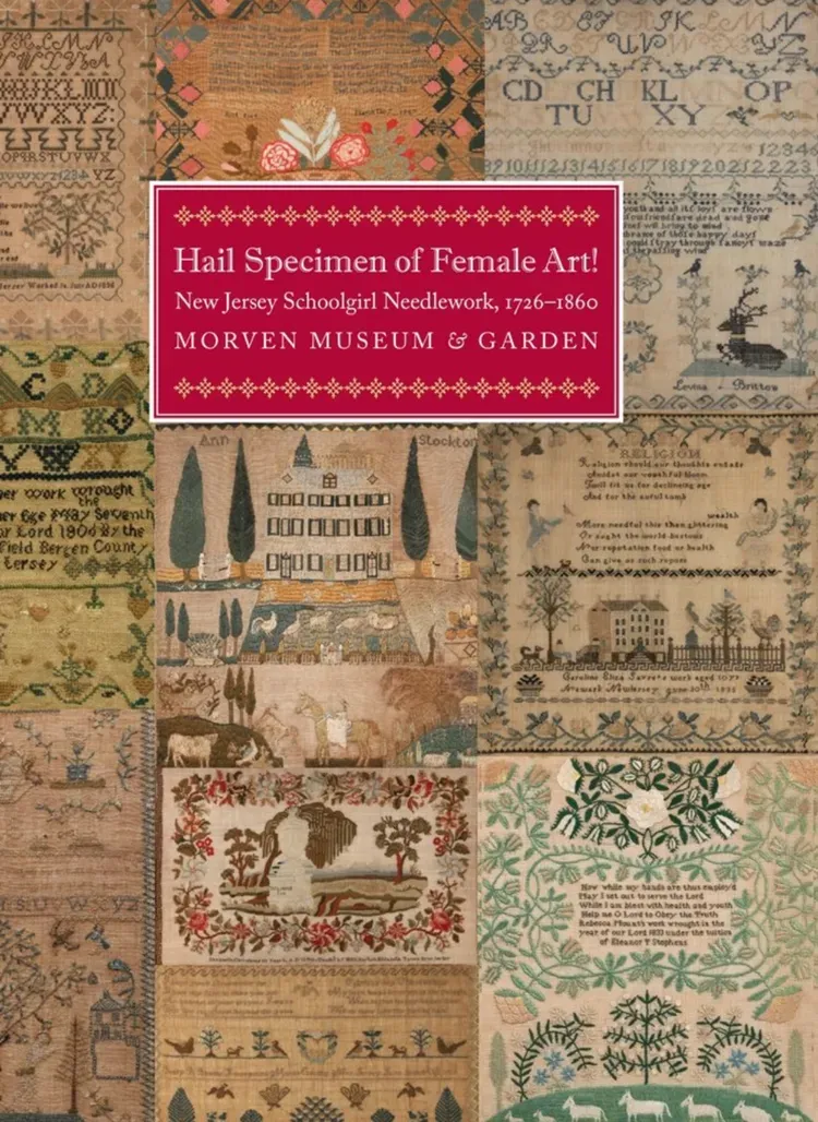 Cover of "Hail Specimen of Female Art," with a pink title box on a collage of antique samplers.