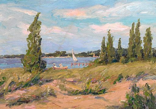 Lakeside scene: tall trees, sand dunes, water, sailboats, people. Blue sky with clouds.