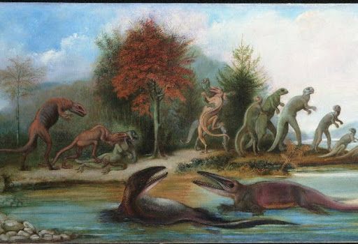 A painting depicts evolving prehistoric creatures. Some are in water, others on land, progressing to upright forms.