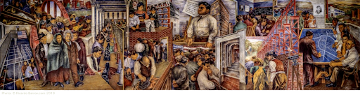 Mural depicting a labor scene with many people, in dark reds, browns, and blues.