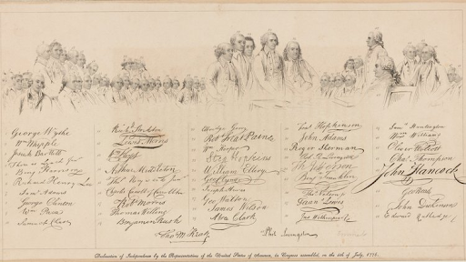Signatures of the Declaration of Independence; ink sketch of men above the signatures.