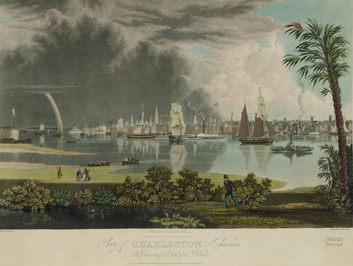 Charleston harbor view with ships, buildings, and a rainbow. People walk on the shore near a palm tree.