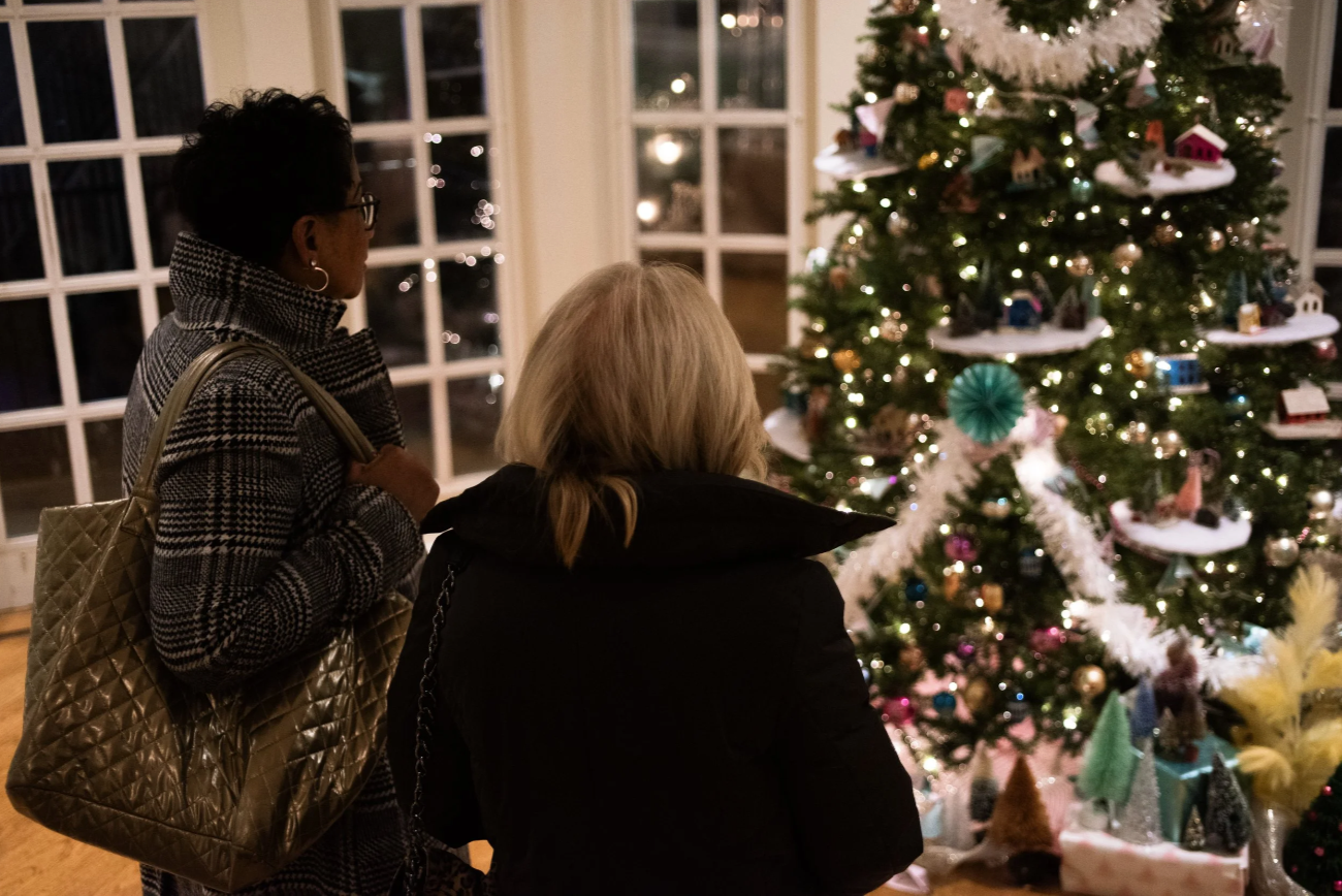 Two women looking at a decorated Christmas tree indoors; windows in the background.