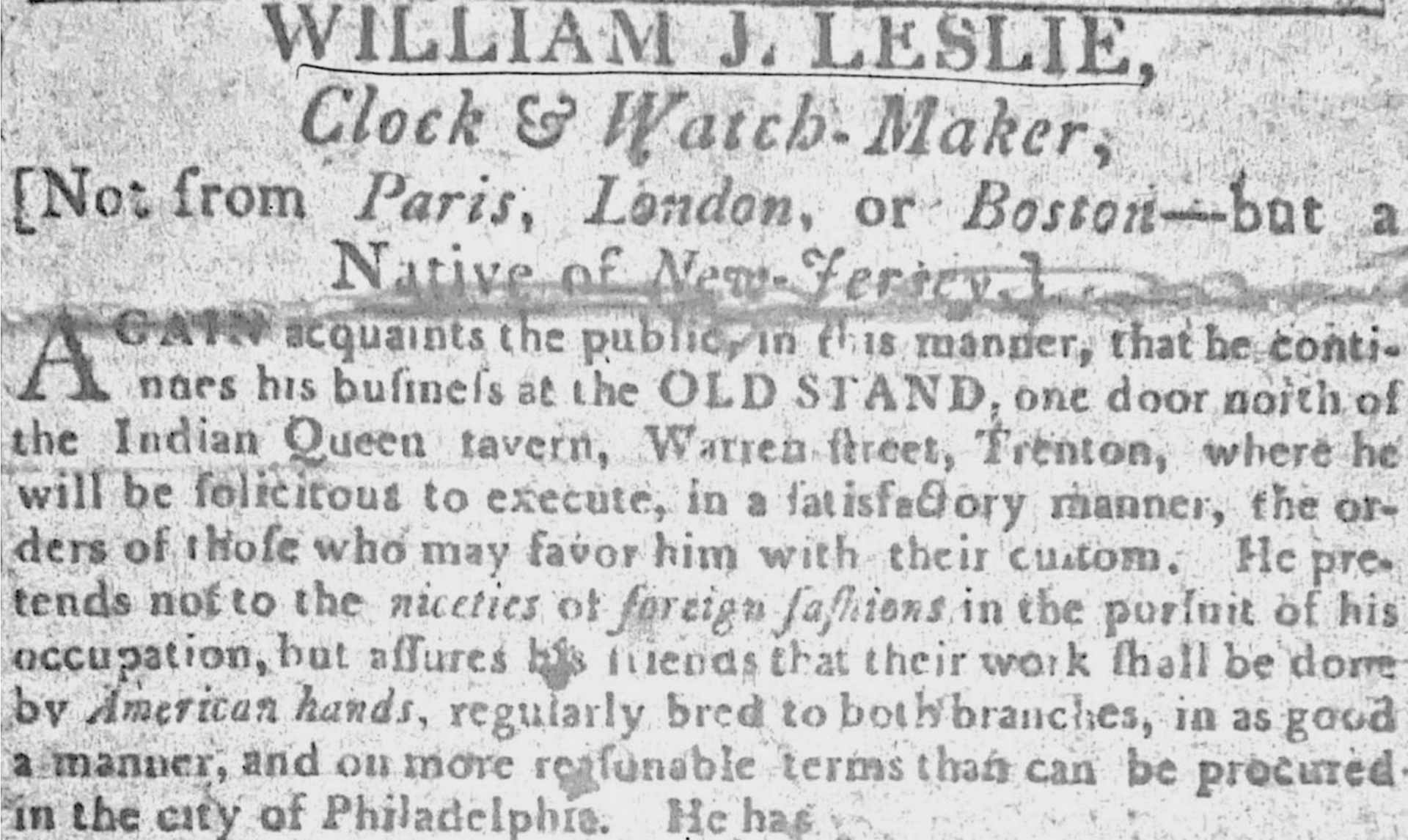 Advertisement for William J. Leslie, a clock and watchmaker in Trenton, New Jersey.