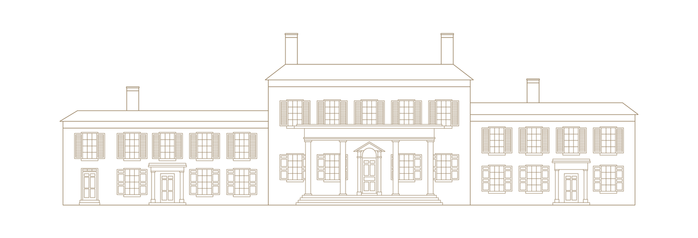 Outline drawing of a stately, symmetrical building with multiple windows, chimneys, and a central portico.