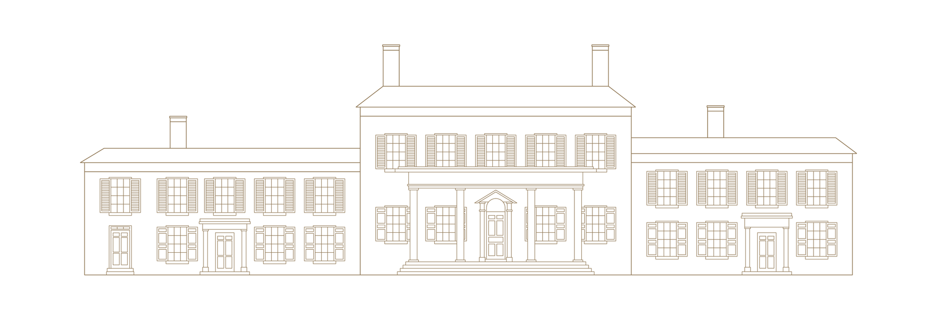 Outline drawing of a stately, symmetrical building with multiple windows, chimneys, and a central portico.