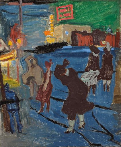 People walking on a blue street with buildings in the background. Bright colors and expressive figures.