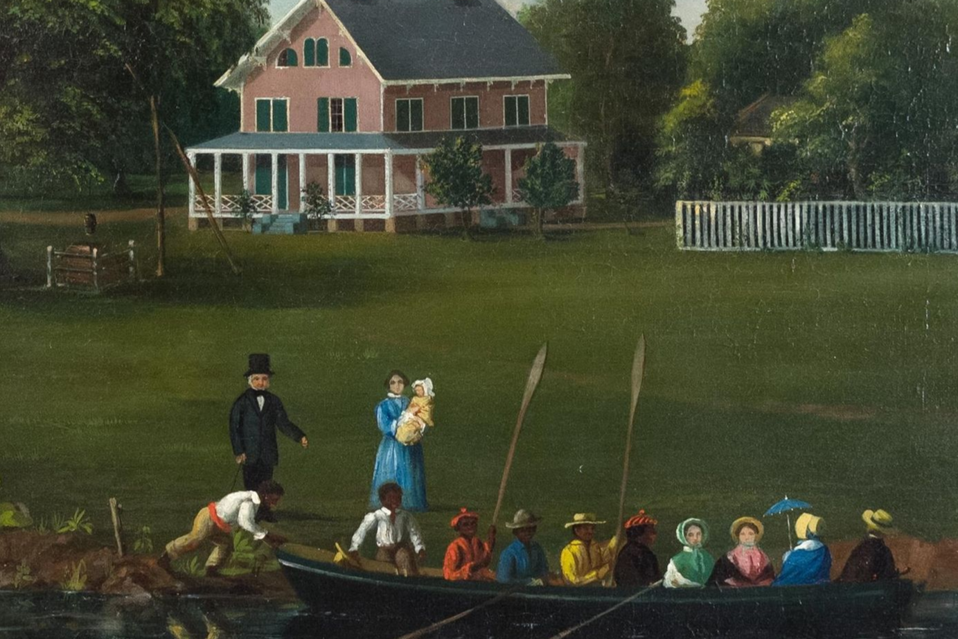 Green wall with an open doorway revealing a pink room. A framed painting hangs on the right.