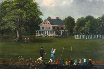 People in a boat, some holding children, approaching a two-story pink house on a grassy bank.