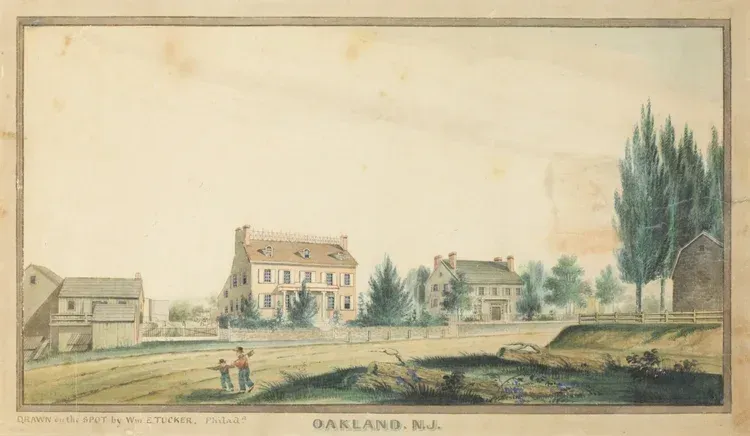Watercolor: Oakland, NJ. Houses with fields and a pair of figures, trees, and a barn.