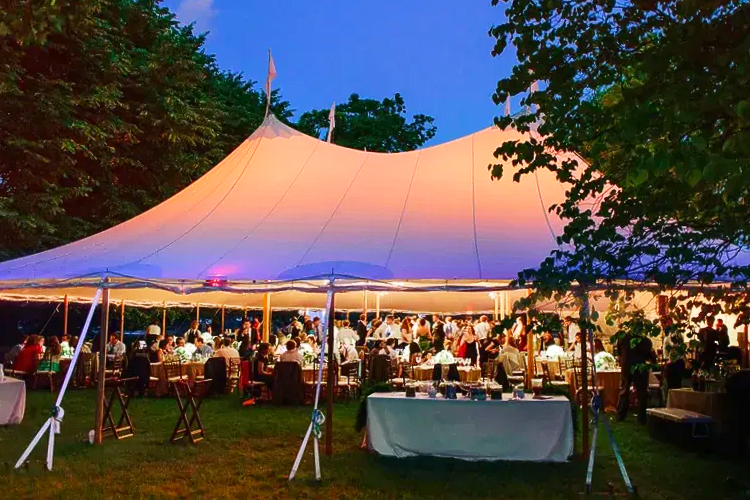 Large tent with guests at a party, illuminated with colorful lights, in a grassy area at dusk.