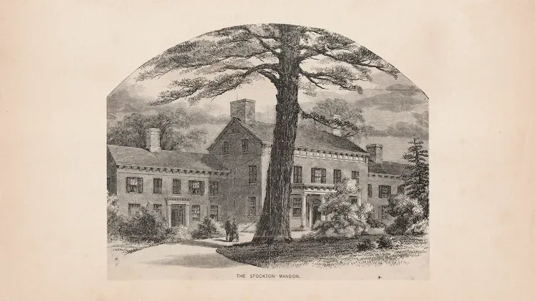 An engraving of a stately, multi-building house shaded by a large tree; possibly a historical residence.