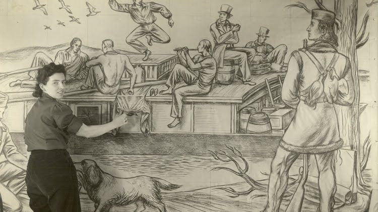 Woman pointing at a large pencil drawing of people on a boat and a dog; possibly a mural.