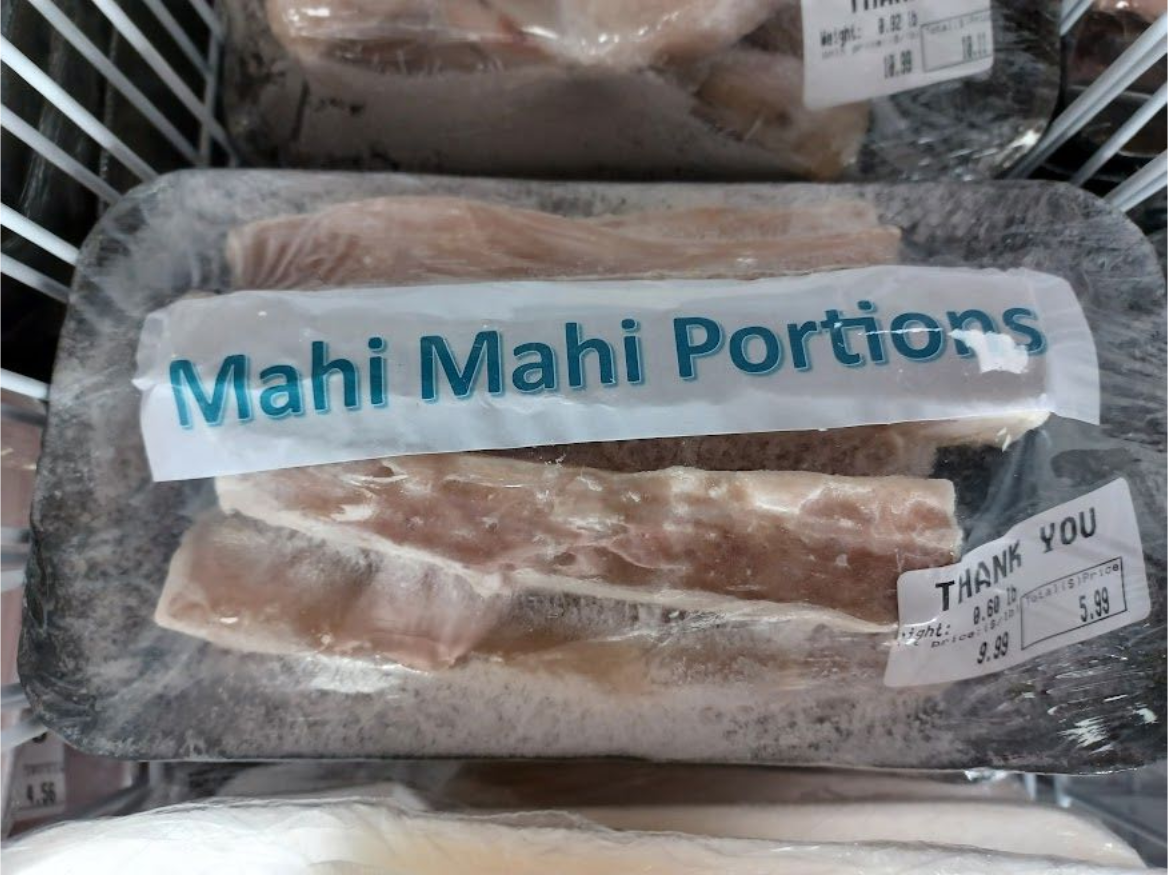 Mahi Mahi portions in plastic wrap, labeled 