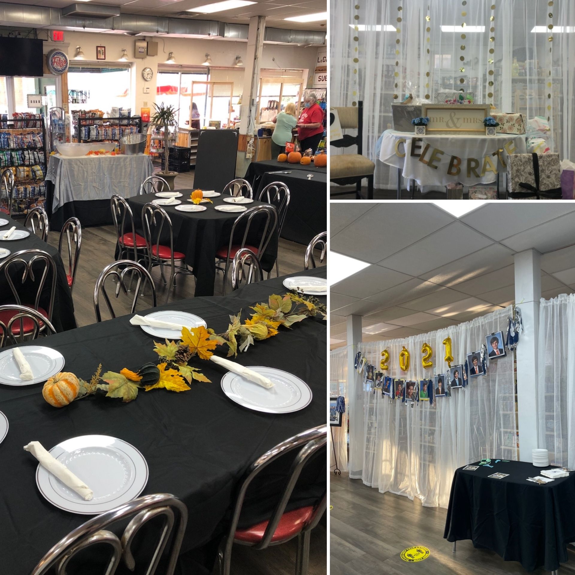 Three collaged photos: Party in a store with tables set for guests, gift table, photo banner.