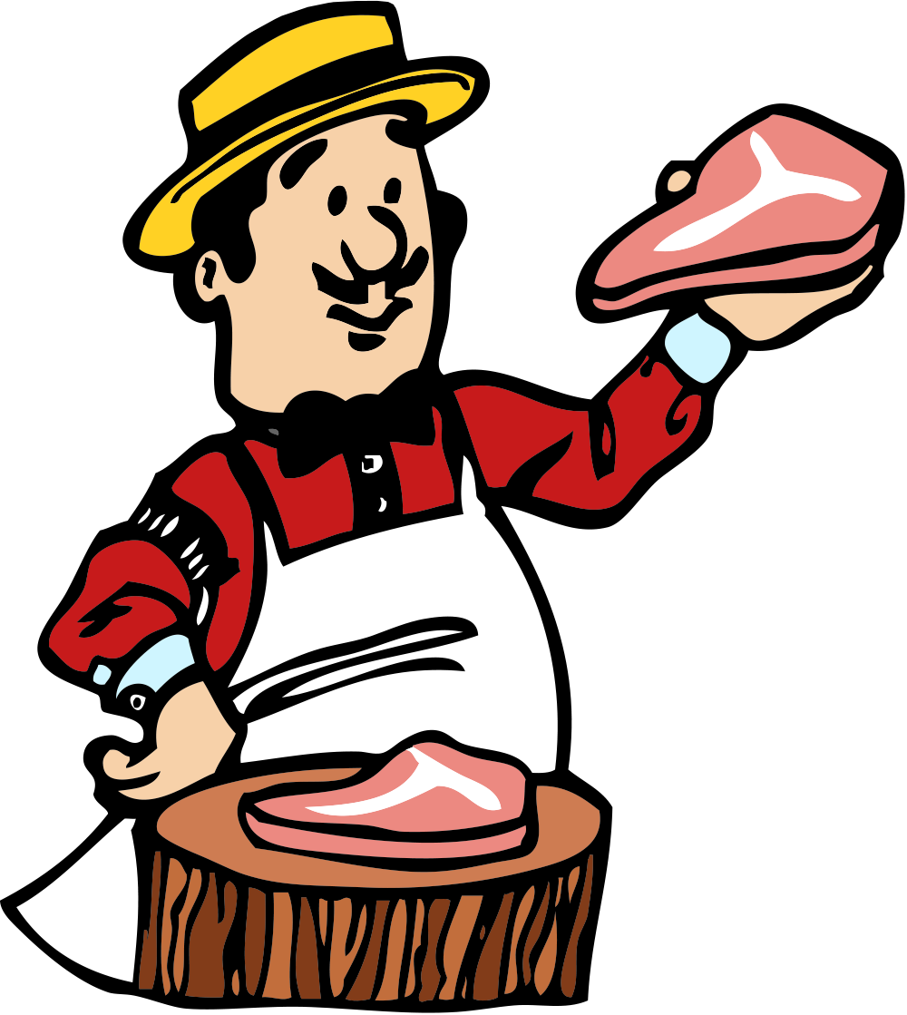 Butcher holding up a cut of meat, standing behind a butcher block.