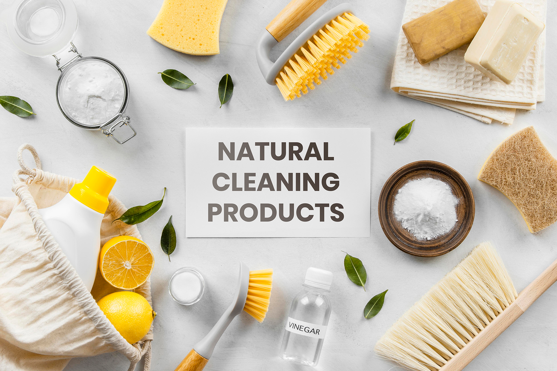 Natural cleaning products arranged around a sign, with lemons, brushes, sponges, and cloths on a light surface
