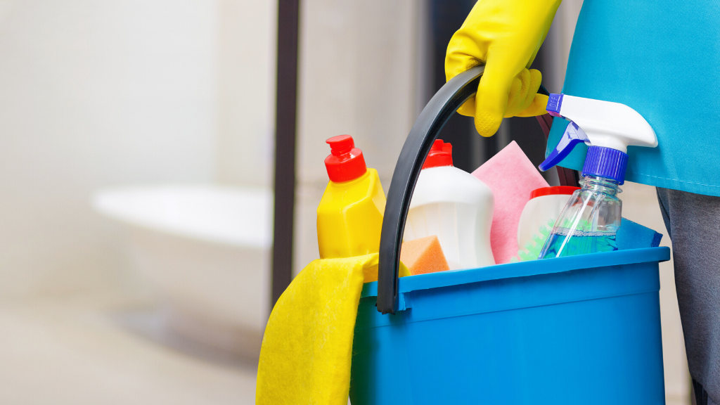 a person holding a bucket full of cleaning essentials