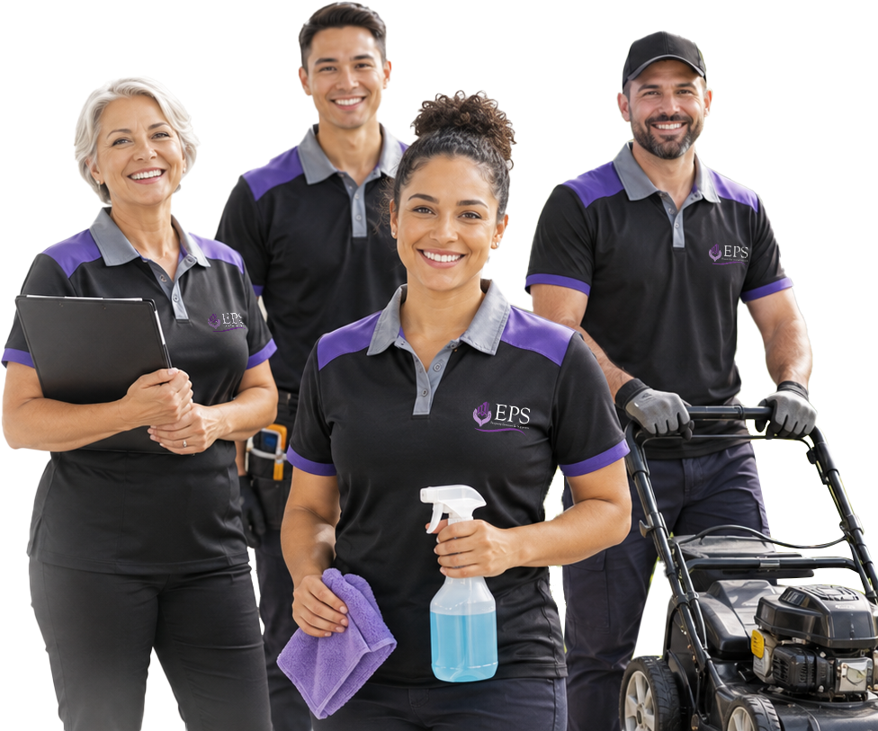Elleishas Property Services & Supports (EPSS) team in Newcastle, a cleaner, a staff member mowing lawns, a handyman and an office person with a clipboard