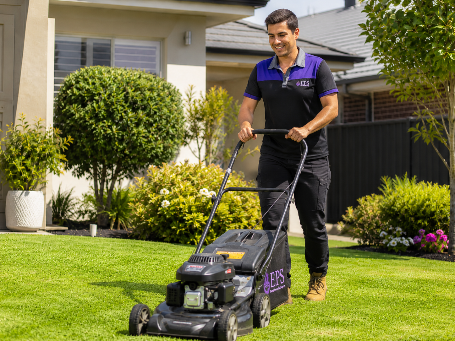 Elleisha's Property Services & Supports (EPSS) staff member in Newcastle lawn mowing