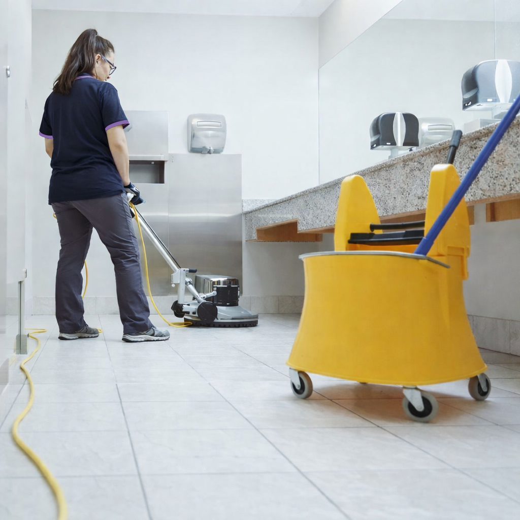 Elleisha's Property Services & Support (EPSS) cleaner doing the floors in a club bathroom in Newcastle