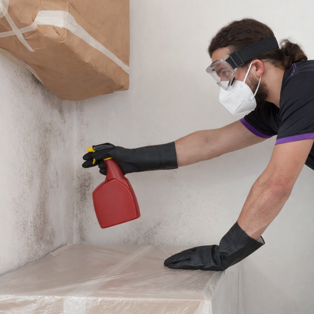 Elleisha's Property Services & Support (EPSS) male cleaner with a mask on, removing mould from a property in Newcastle