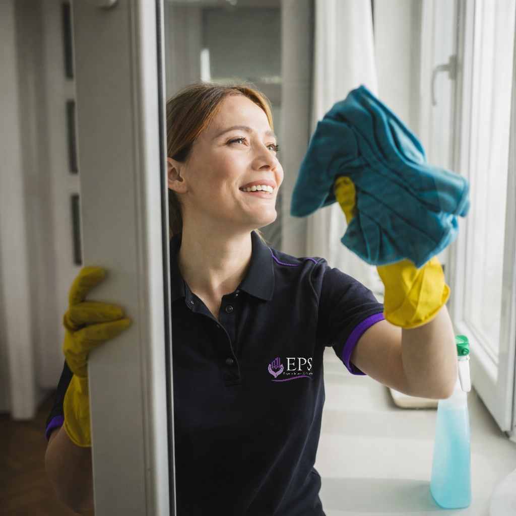 Elleisha's Property Services & Support (EPSS) cleaner wiping down an internal glass door as part of a spring clean in a home in Newcastle